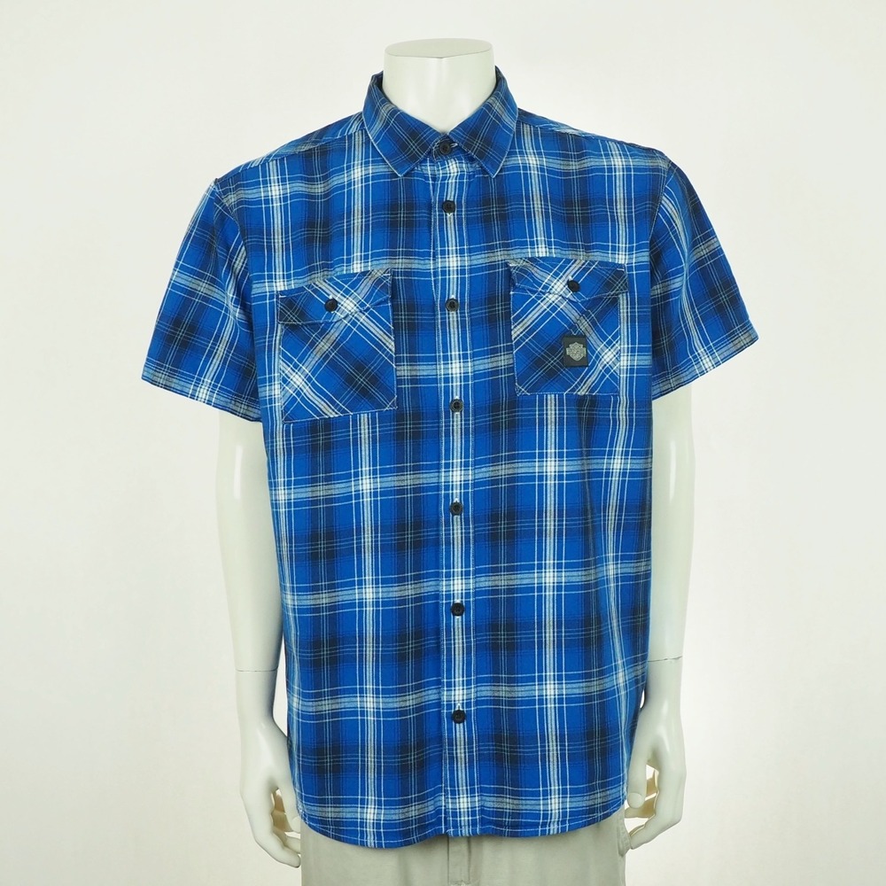 Harley Davidson Backing It In Button Down Shirt Mens XL Blue Plaid Cotton Blend